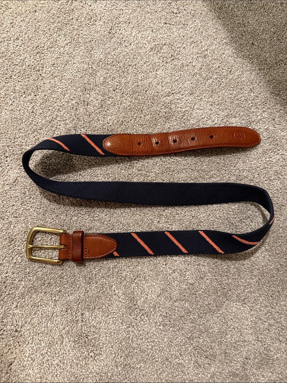 Southern Proper Navy and Coral Striped Canvas Belt with Brown Leather